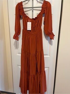 Smocked Waist Rust Maxi Dress with Long Puff Sleeves